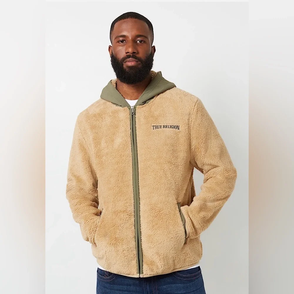 True Religion Men’s S Logo‎ Contrast Sherpa Zip Hoodie Jacket Brown/Green NWT